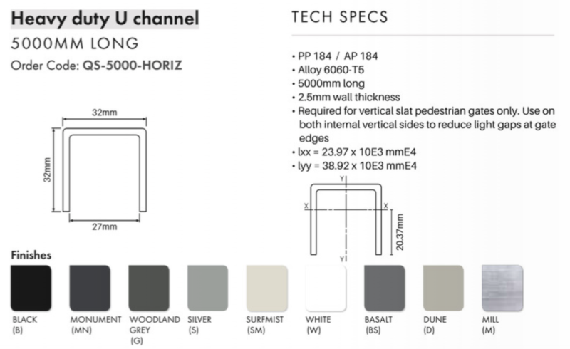 QS - Horizontal Rail for Vertical Slat Gates - 32 x 32mm - G - Image 2