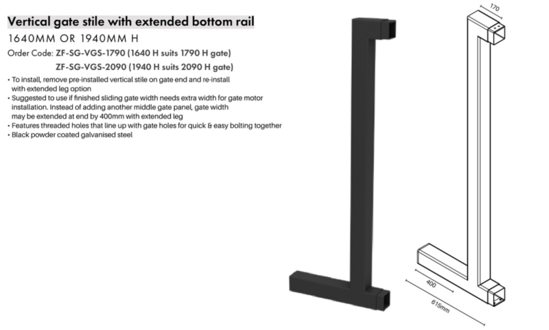 Vertical Gate Stile With Extended Bottom Rail (Suits 1790mm sliding gate) - Image 2