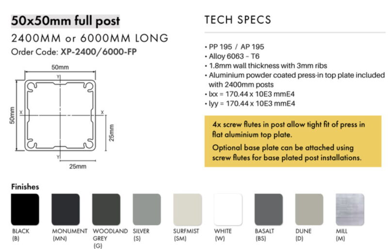 Post – 50x50mm x 6000mm Aluminium Slat Fencing Post - W - Image 2