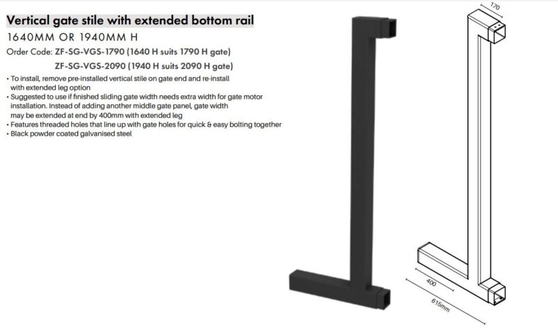 Vertical Gate Stile With Extended Bottom Rail (Suits 2090H sliding gate) - Image 2